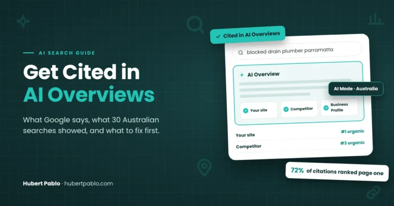 How to rank in AI Overviews guide: Google AI Overview for an Australian plumbing search citing a page-one website, with 72% of citations ranked on page one