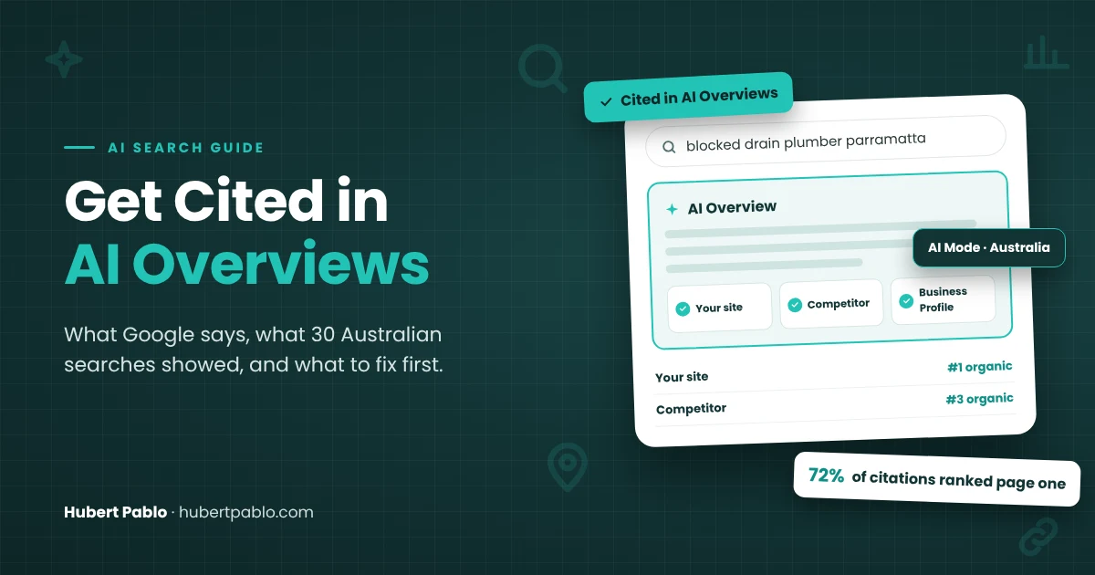 How to rank in AI Overviews guide: Google AI Overview for an Australian plumbing search citing a page-one website, with 72% of citations ranked on page one
