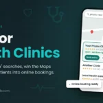 SEO for health clinics guide showing a physio clinic ranked first in the Google Maps pack with a Book online button