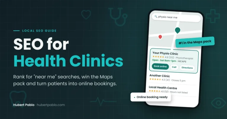 SEO for health clinics guide showing a physio clinic ranked first in the Google Maps pack with a Book online button