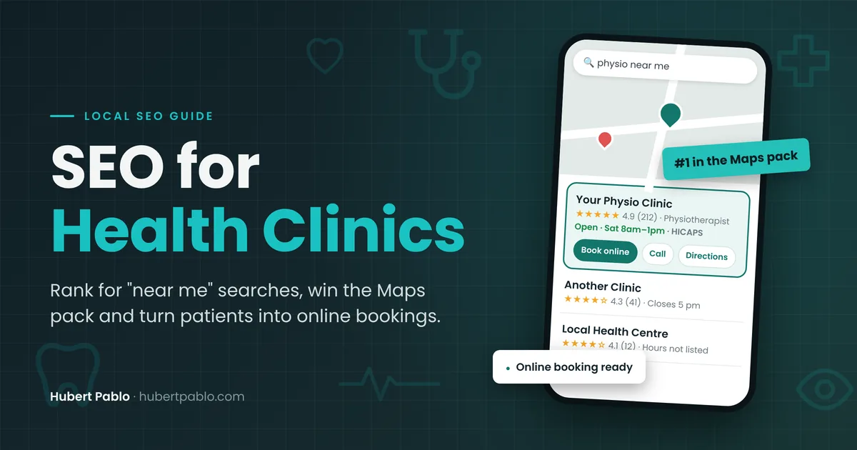 SEO for health clinics guide showing a physio clinic ranked first in the Google Maps pack with a Book online button