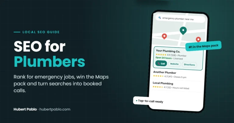 SEO for plumbers guide showing a plumbing business ranked first in the Google Maps pack with a tap-to-call button