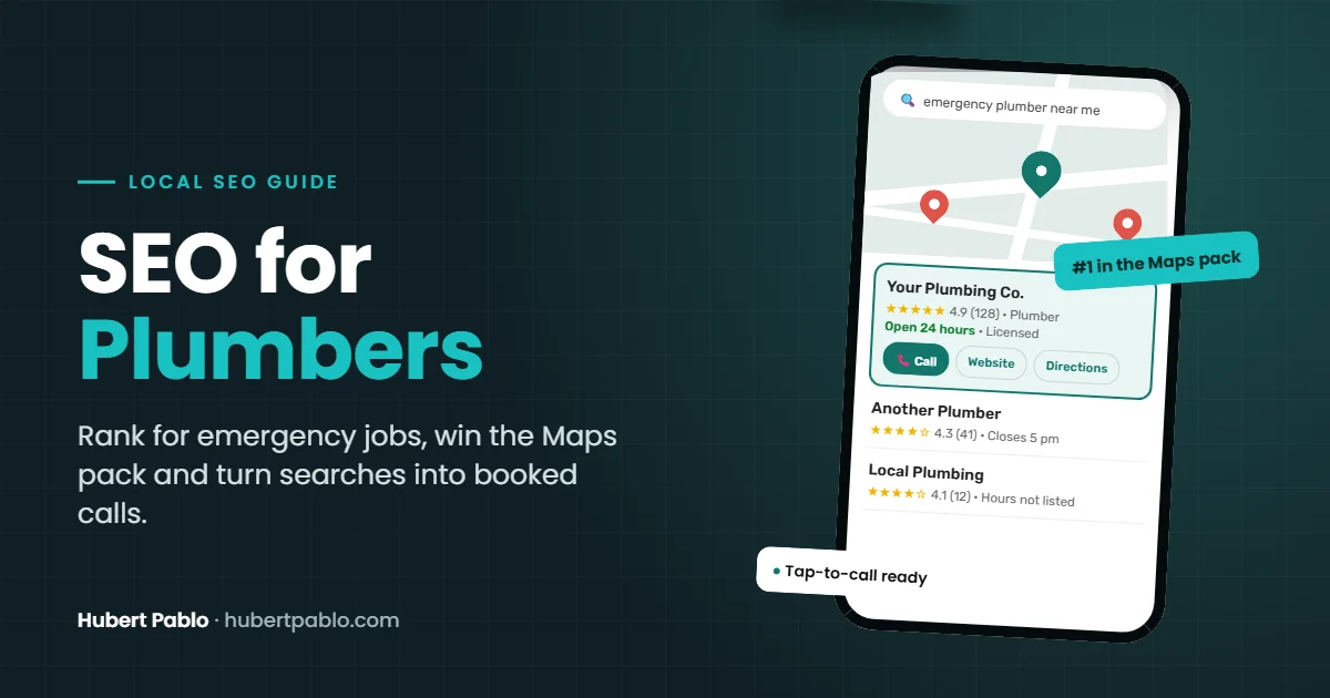SEO for plumbers guide showing a plumbing business ranked first in the Google Maps pack with a tap-to-call button